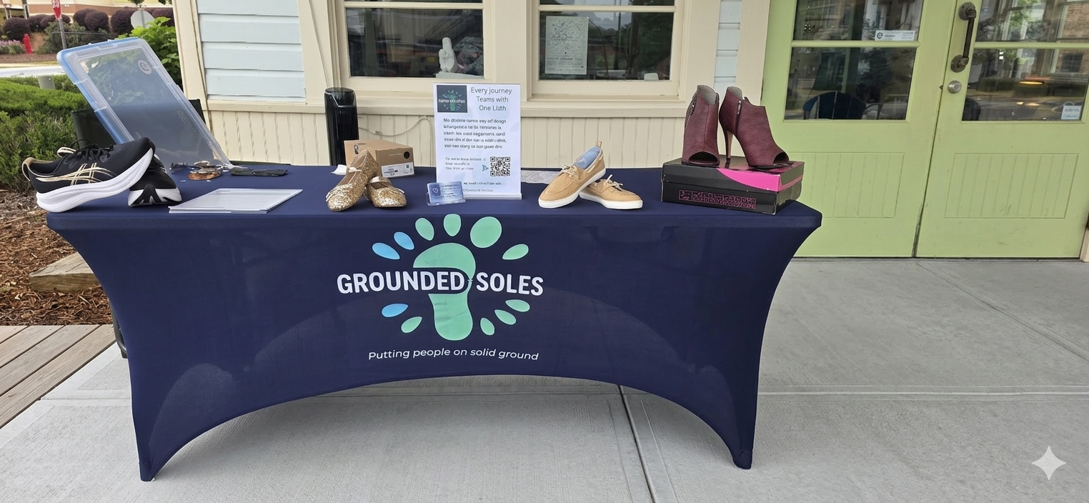 Grounded Soles Foundation pop-up shoe drive table at Chill Hill Ice Cream Shop